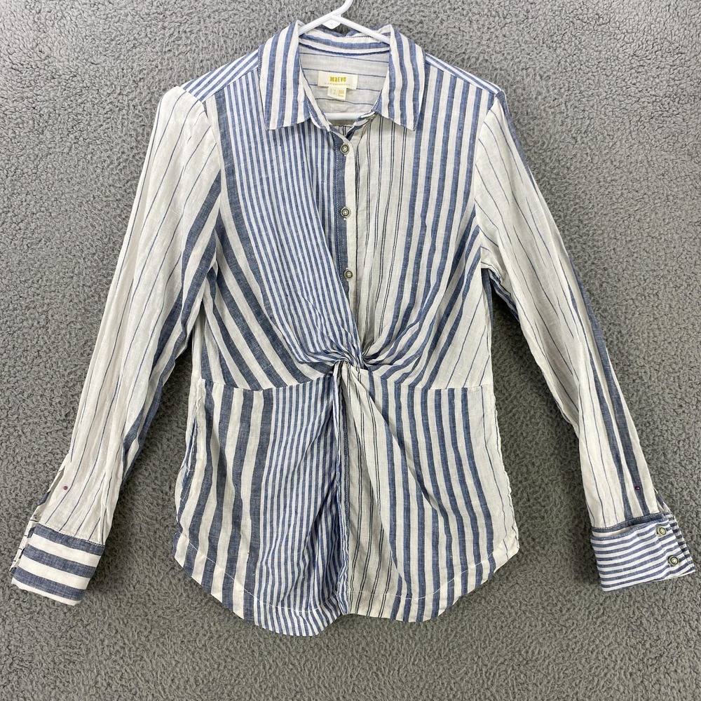 Maeve Anthropologie Linen Shirt Womens 8 Blue White Striped Blouse Twist Front